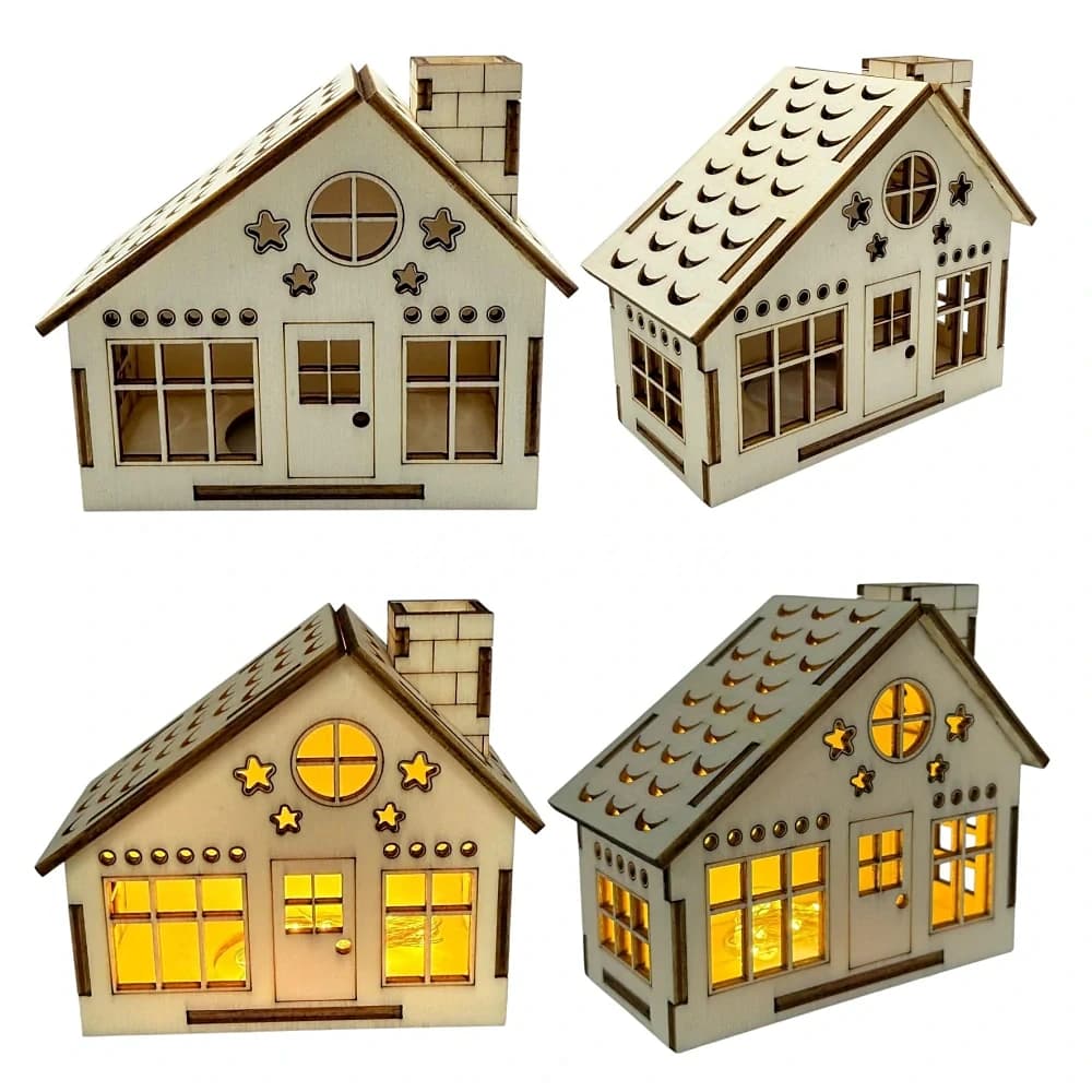 Dřevěný domeček s hvězdami + LED svíčka – 10×10×5 cm