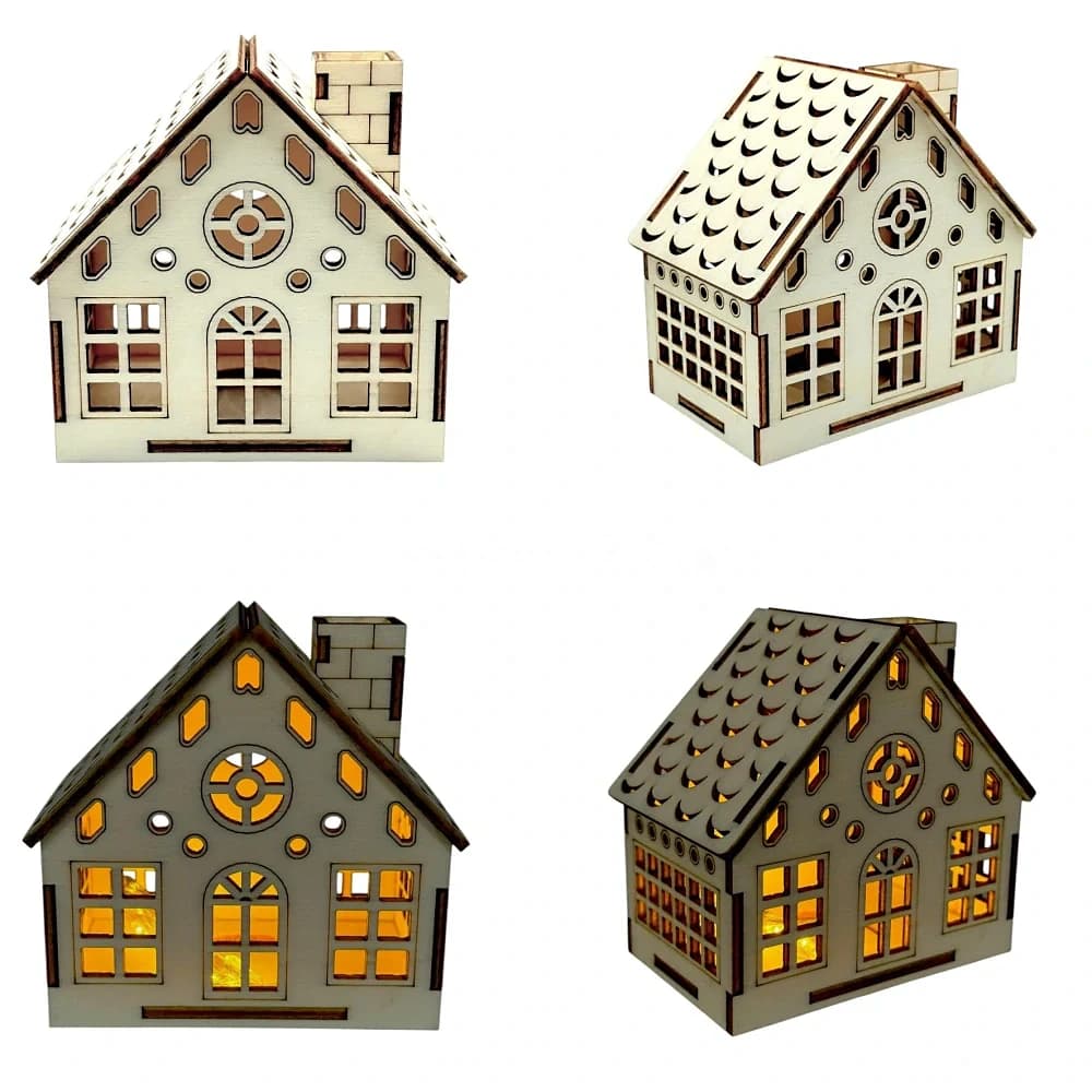 Dřevěný domeček s komínem + LED svíčka – 10×10×6 cm