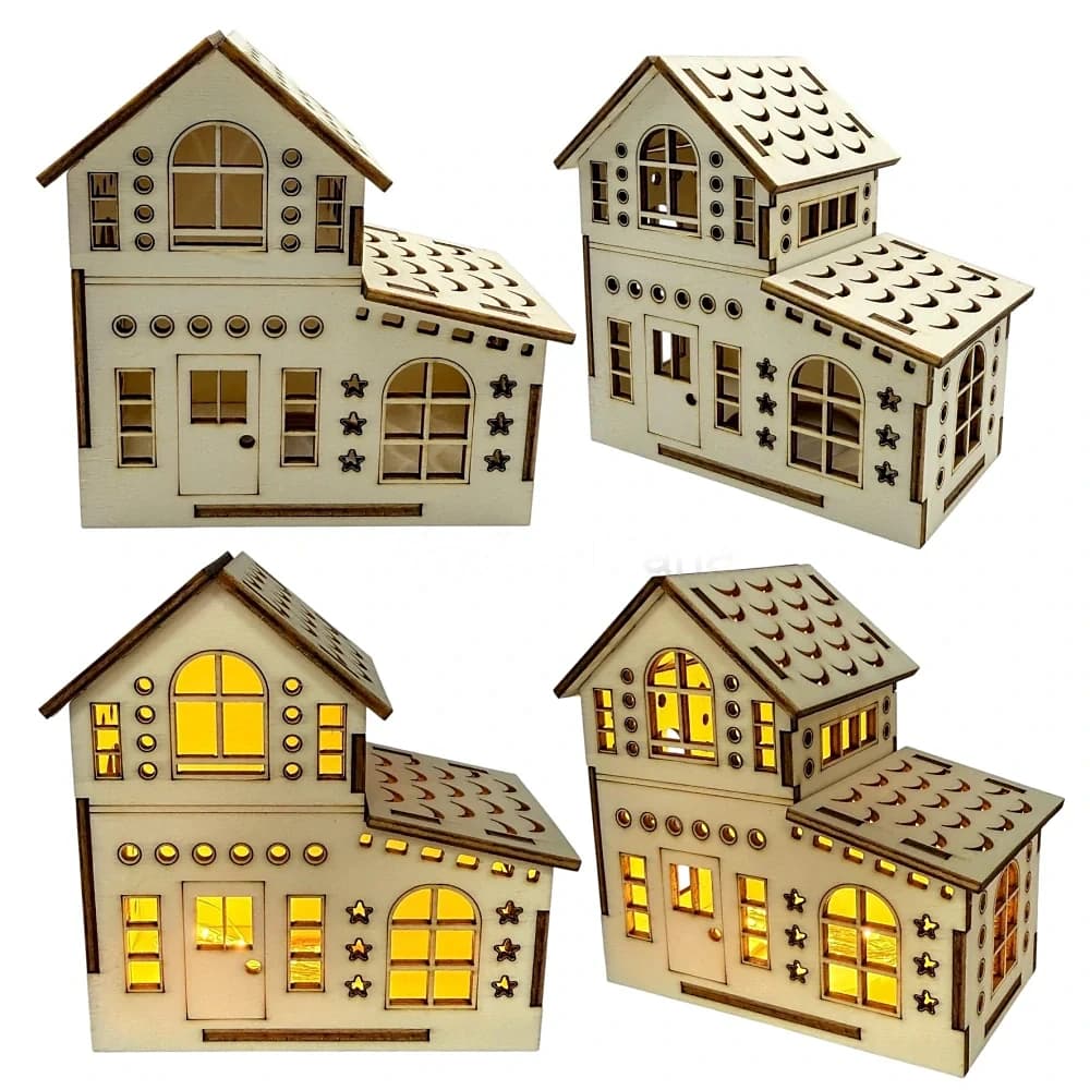 Dřevěný domeček s patrem + LED svíčka – 11×11×6 cm