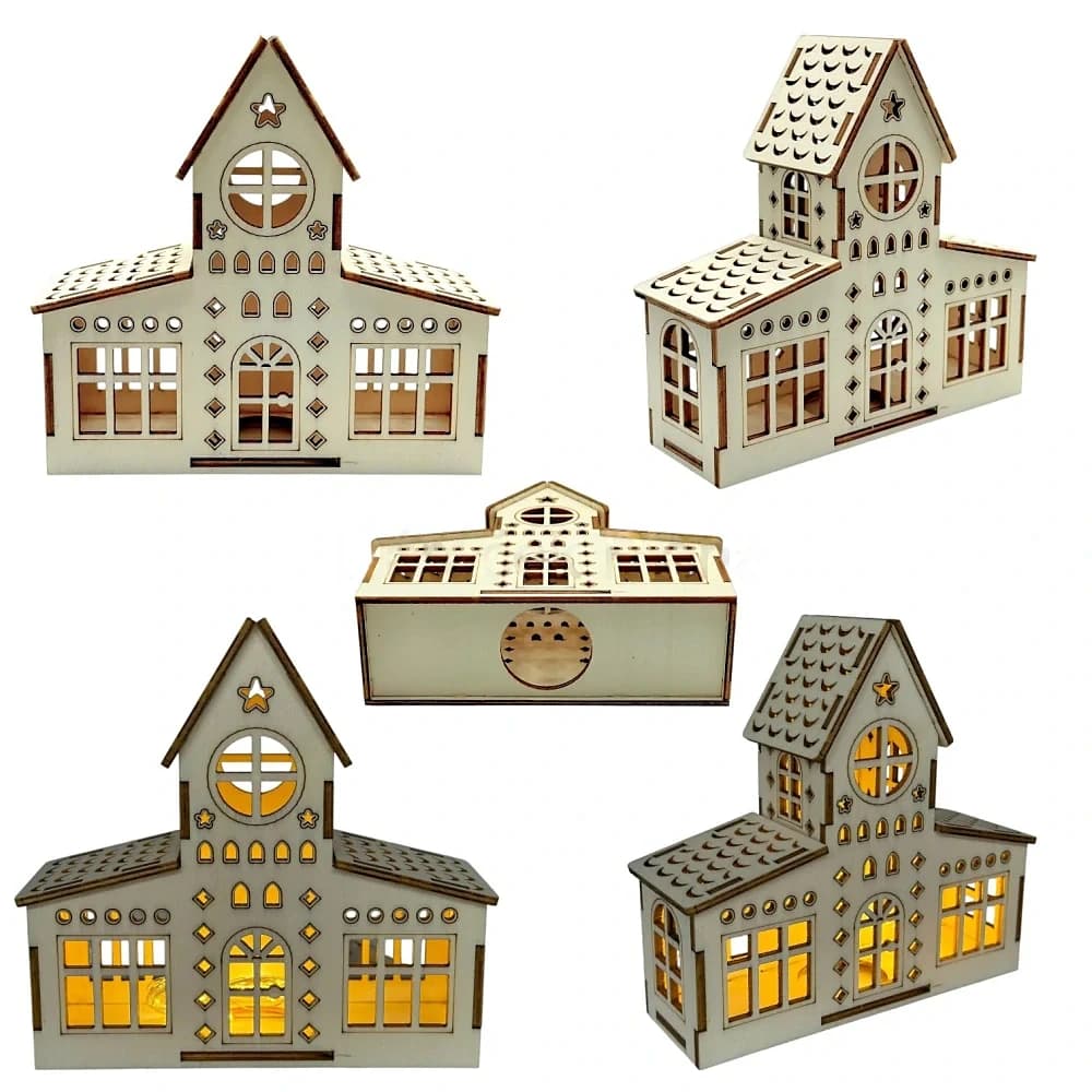 Dřevěný domeček s věží + LED svíčka – 15×15×6 cm