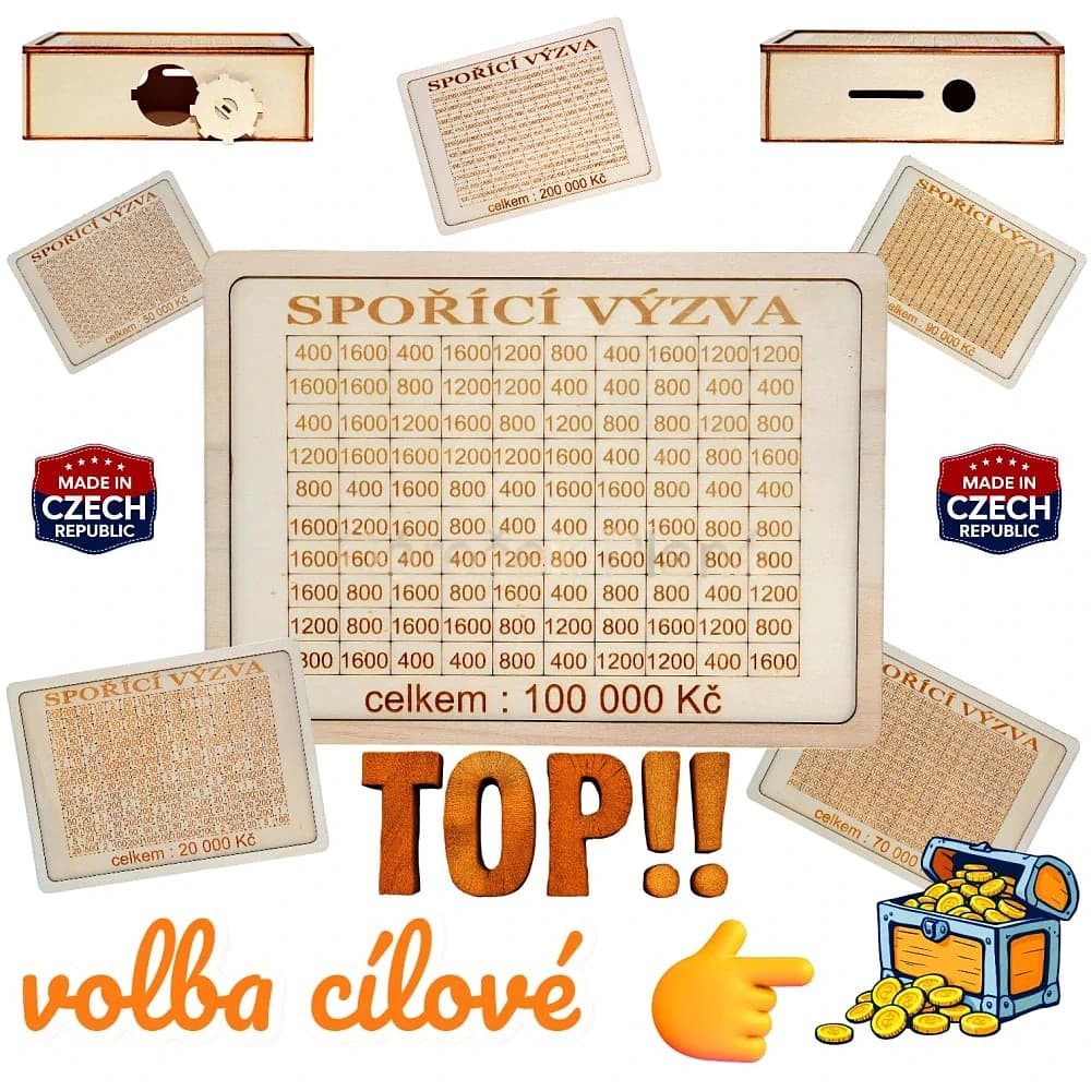 Dřevěná pokladnička – spořicí výzva od 10 000 do 200 000 Kč