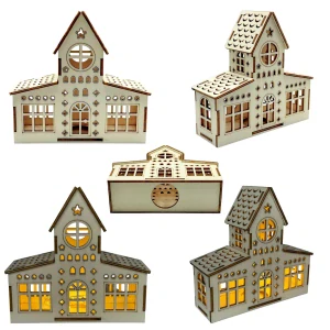 Dřevěný domeček s věží + LED svíčka – 15×15×6 cm 