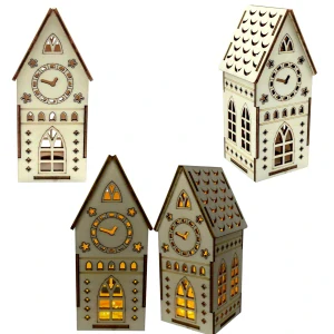 Dřevěná věž s hodinami + LED svíčka – 15×6×6 cm