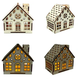 Dřevěný domeček s komínem + LED svíčka – 10×10×6 cm