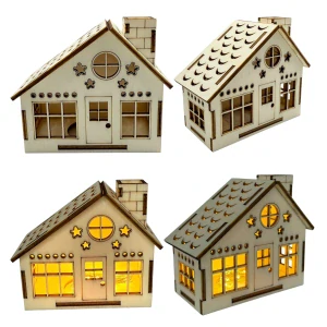 Dřevěný domeček s hvězdami + LED svíčka – 10×10×5 cm