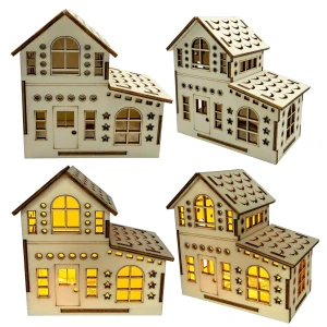 Dřevěný domeček s patrem + LED svíčka – 11×11×6 cm