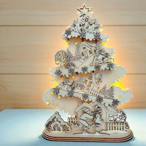 Dřevěný vánoční stromeček 42×30 cm se světýlkem – osvětlená zimní vesnička z překližky
