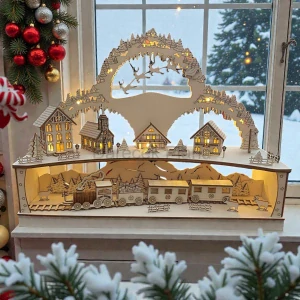 Dřevěná vánoční vesnička s vláčkem, LED osvětlením