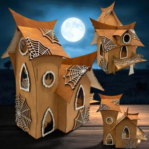 Dřevěný strašidelný domeček s pavučinami