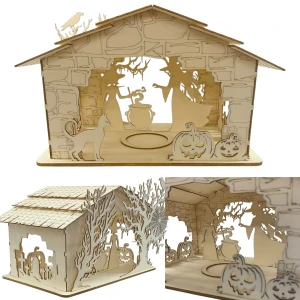 Dřevěná halloweenská lucerna – čarodějnice u kotlíku