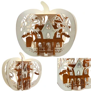 Dřevěná dekorace – strašidelný dům v dýni