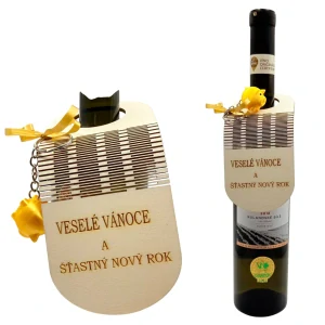 Vánoční dřevěná visačka na láhev s přívěskem zlaté prasátko