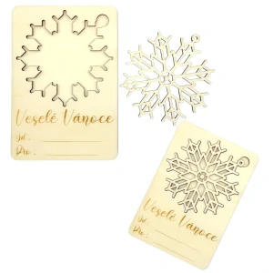Vánoční dřevěná kartička s vločkou – přání + ozdoba