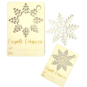Vánoční dřevěná kartička s vločkou – přání + ozdoba