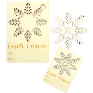 Vánoční dřevěná kartička s vločkou– přání + ozdoba