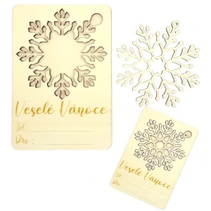 Vánoční dřevěná kartička s vločkou – přání + ozdoba 