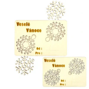 Vánoční dřevěná kartička s vločkou – přání + ozdoba