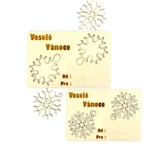 Vánoční dřevěná kartička s vločkou – přání + ozdoba