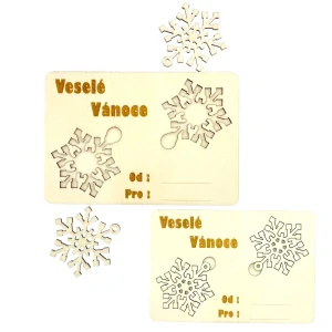 Vánoční dřevěná kartička s vločkou – přání + ozdoba