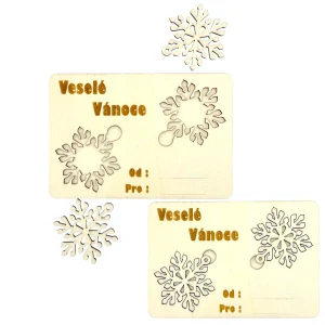Vánoční dřevěná kartička s vločkou – přání + ozdoba
