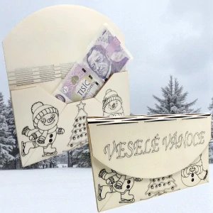 Vánoční obálka na peníze z dřeva – motiv Veselí sněhuláci
