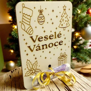 Dřevěná karta na peníze – Veselé Vánoce 