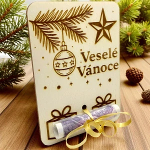 Dřevěná karta na peníze – Veselé Vánoce s hvězdou a větvičkou 