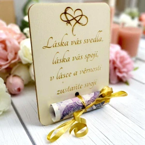 Dřevěná karta na peníze – Svatební blahopřání 