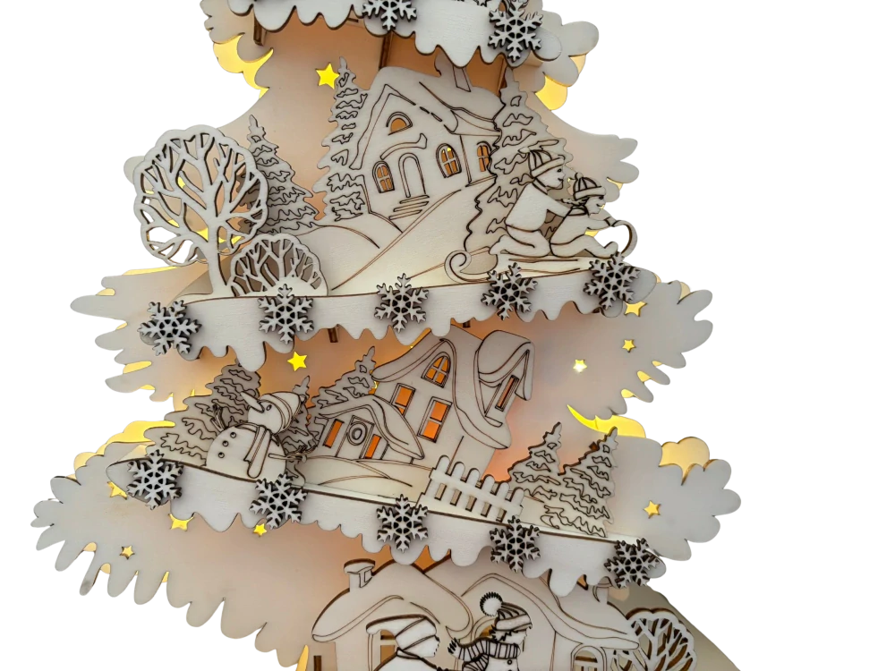 Dřevěný vánoční stromeček 42×30 cm se světýlkem – osvětlená zimní vesnička z překližky