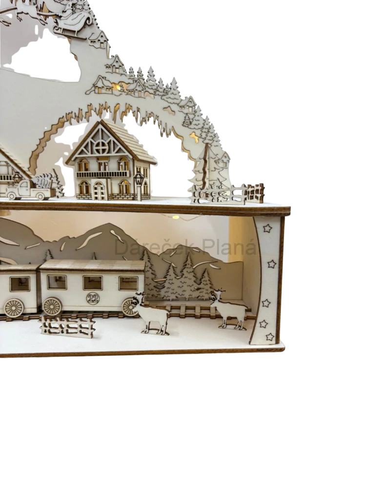 Dřevěná vánoční vesnička s vláčkem, LED osvětlením