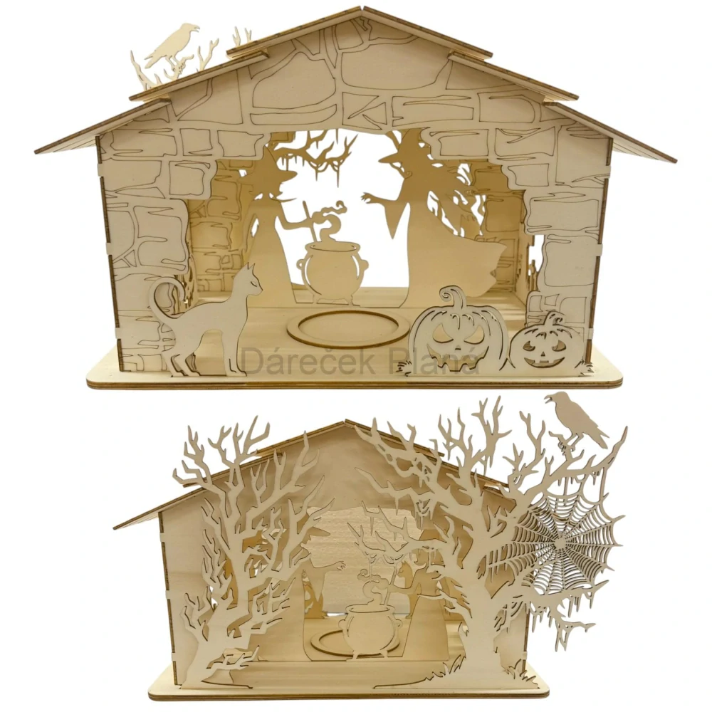 Dřevěná halloweenská lucerna – čarodějnice u kotlíku