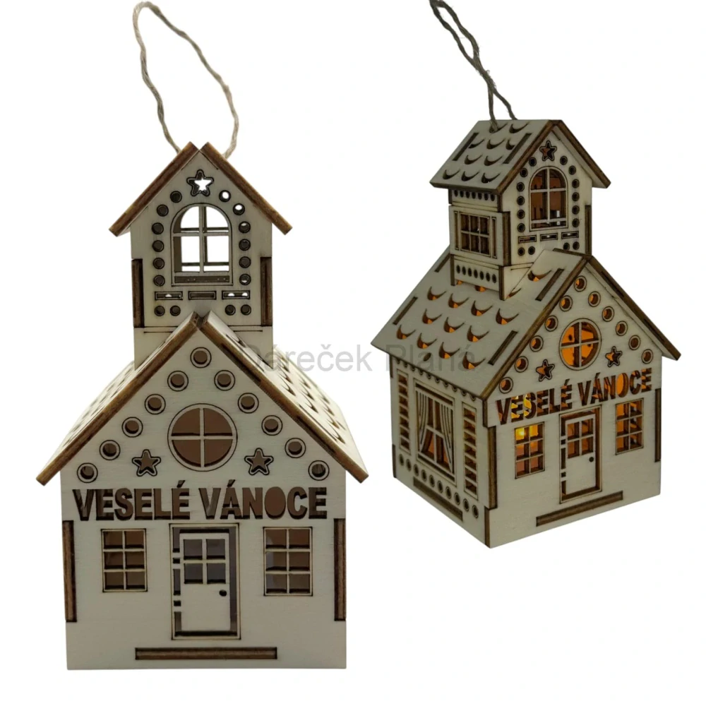 Dřevěný vánoční domeček s LED osvětlením – Veselé Vánoce