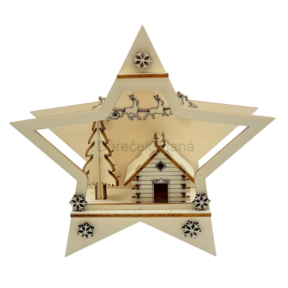Dřevěná vánoční hvězda s chaloupkou