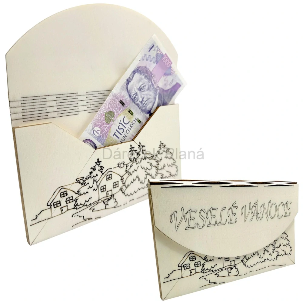 Vánoční obálka na peníze z dřeva – Veselé Vánoce s vesničkou