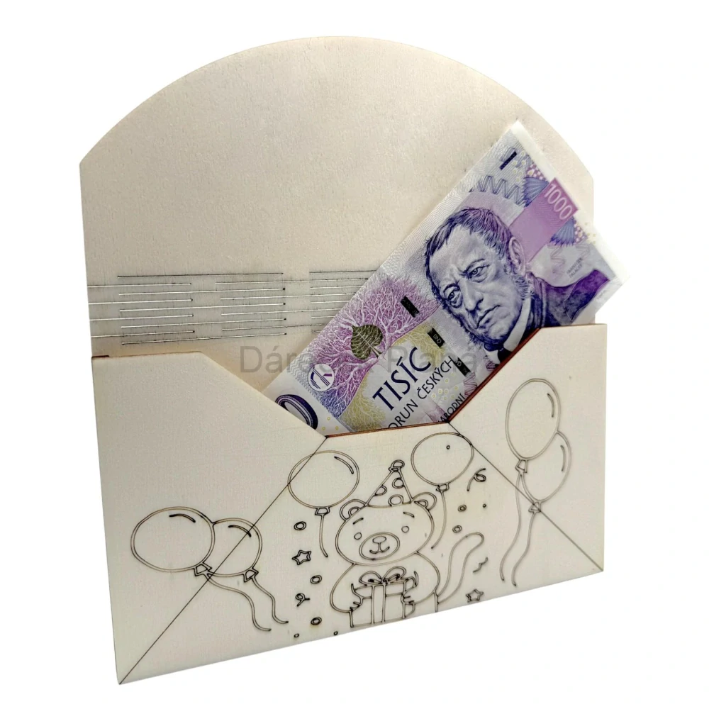 Narozeninová obálka na peníze z dřeva – Medvídek s dárkem
