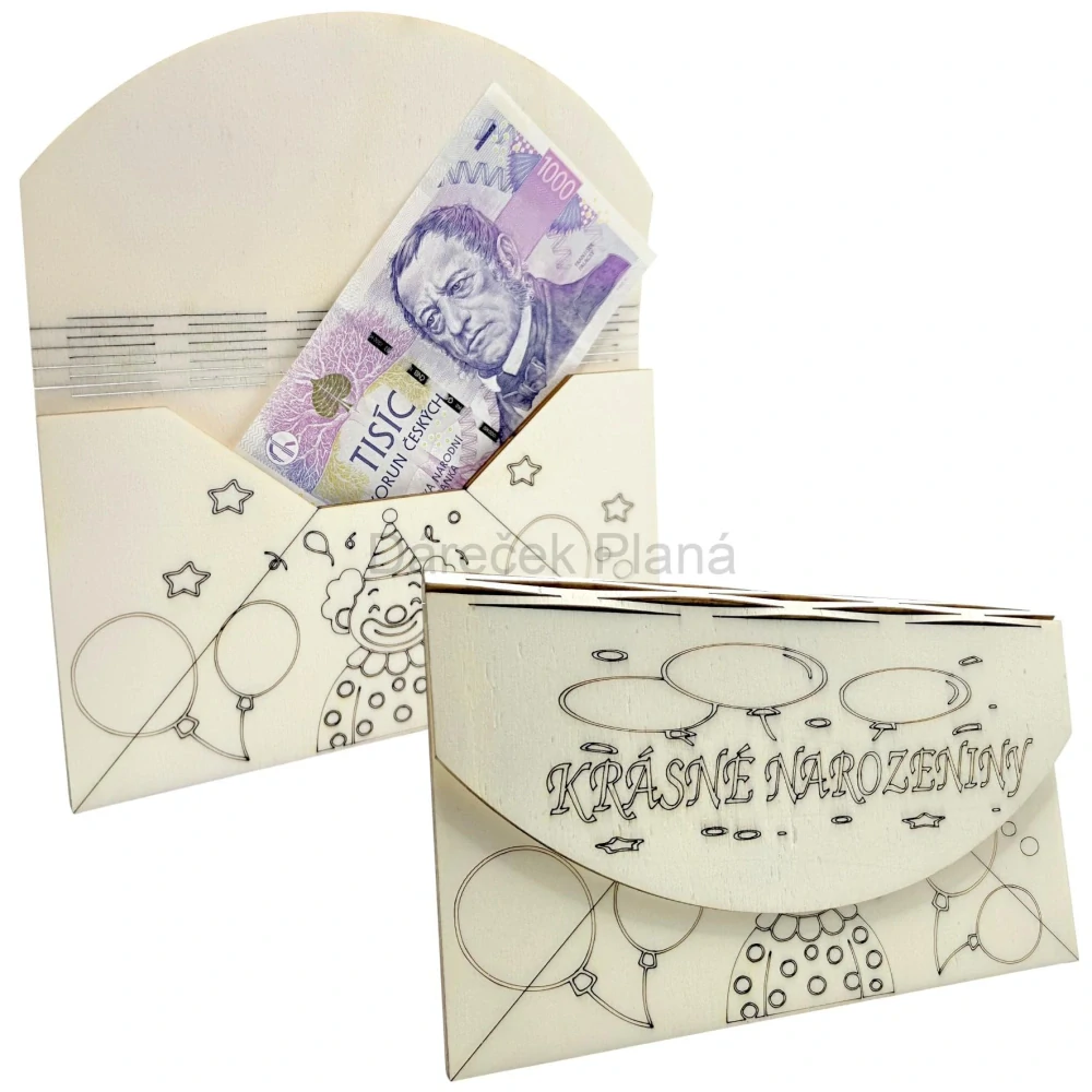 Narozeninová obálka na peníze z dřeva – Klaun a balónky