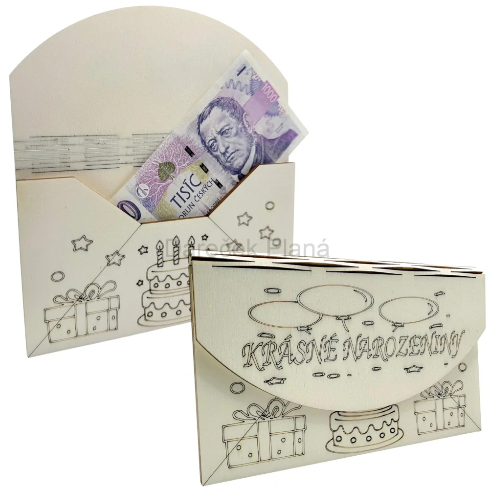 Narozeninová obálka na peníze z dřeva – Dort a dárečky 
