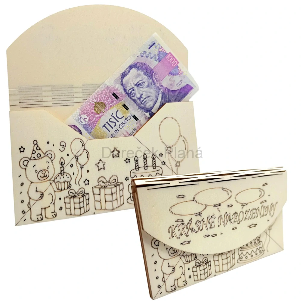 Narozeninová obálka na peníze z dřeva – Medvídek s dortem a balónky