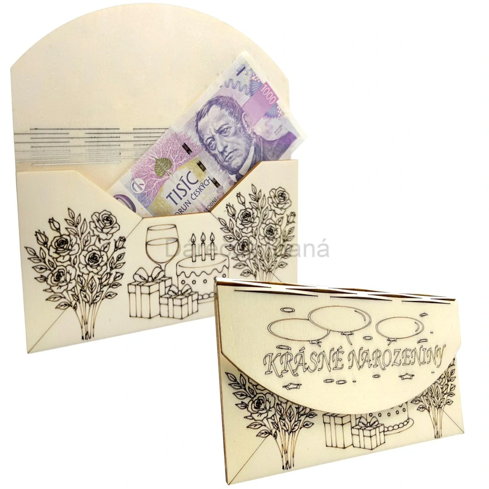 Narozeninová obálka na peníze z dřeva – Kytice růží a sklenička vína