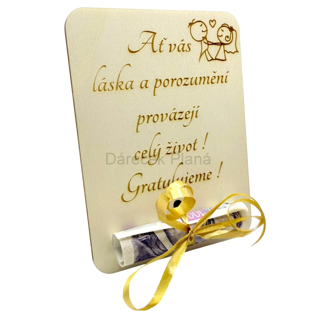 Dřevěná karta na peníze – Svatební přání s gravírováním