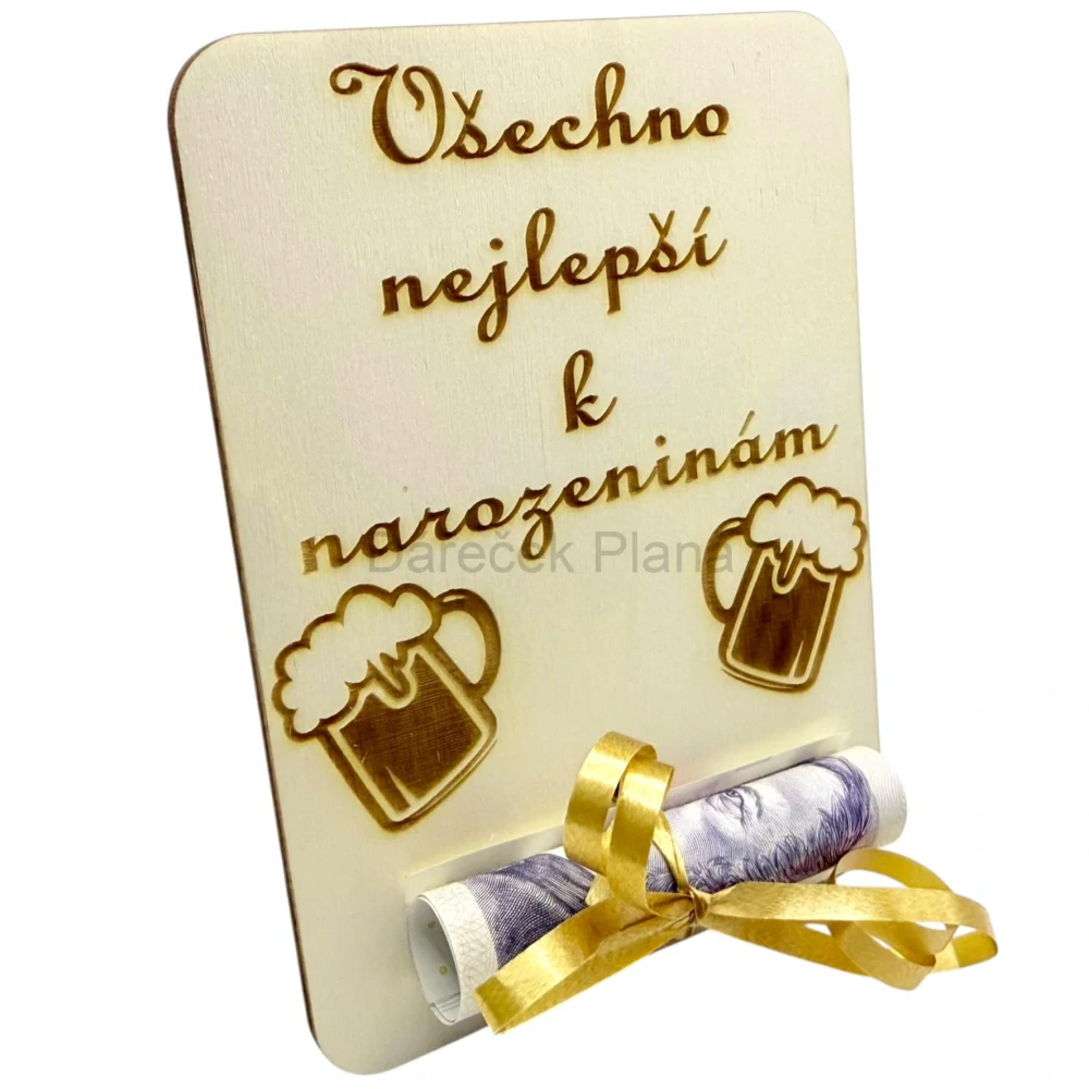 Dřevěná karta na peníze – Všechno nejlepší k narozeninám s pivem
