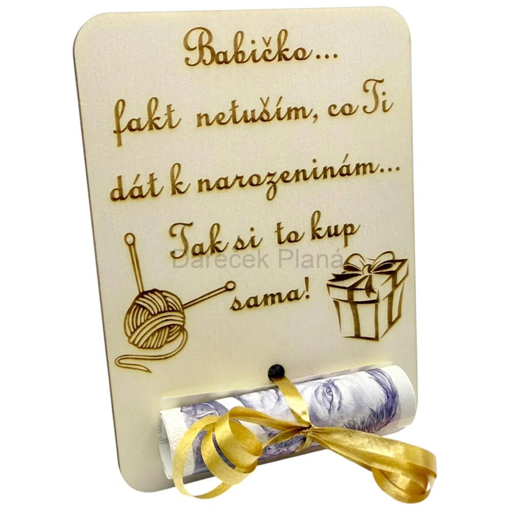 Dřevěná karta na peníze – Babičce k narozeninám