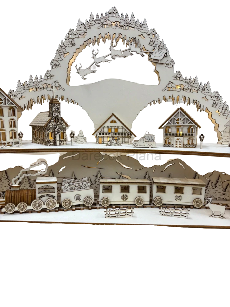 Dřevěná vánoční vesnička s vláčkem, LED osvětlením