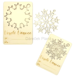 Vánoční dřevěná kartička s vločkou – přání + ozdoba