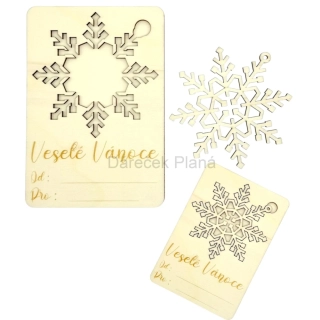 Vánoční dřevěná kartička s vločkou – přání + ozdoba