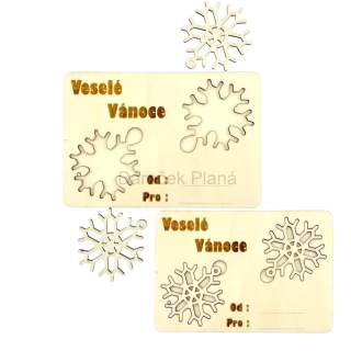 Vánoční dřevěná kartička s vločkou – přání + ozdoba